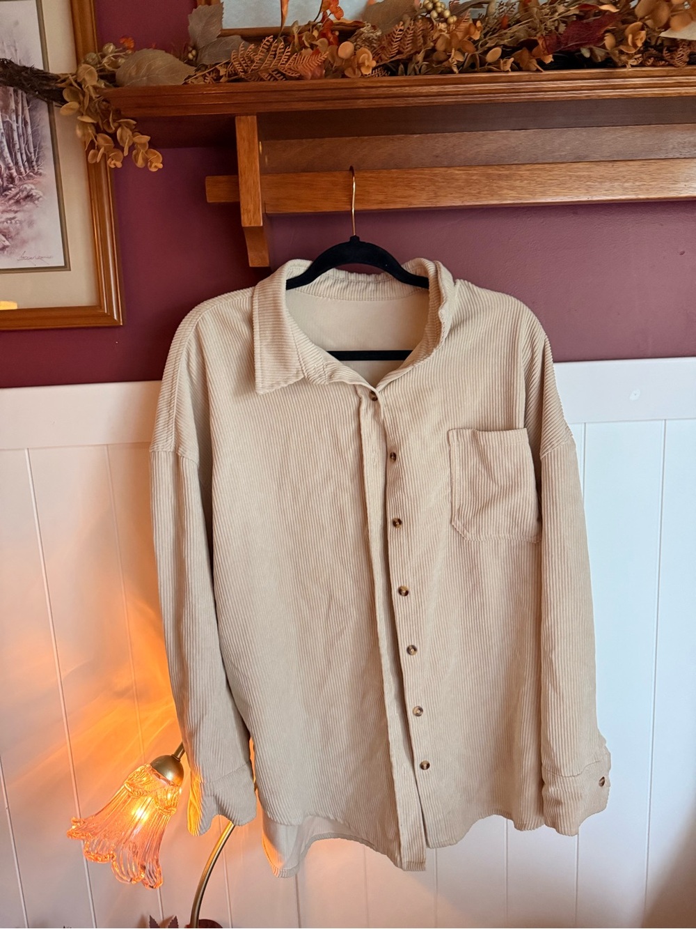 Cream Corduroy Button-Up Shirt Jacket